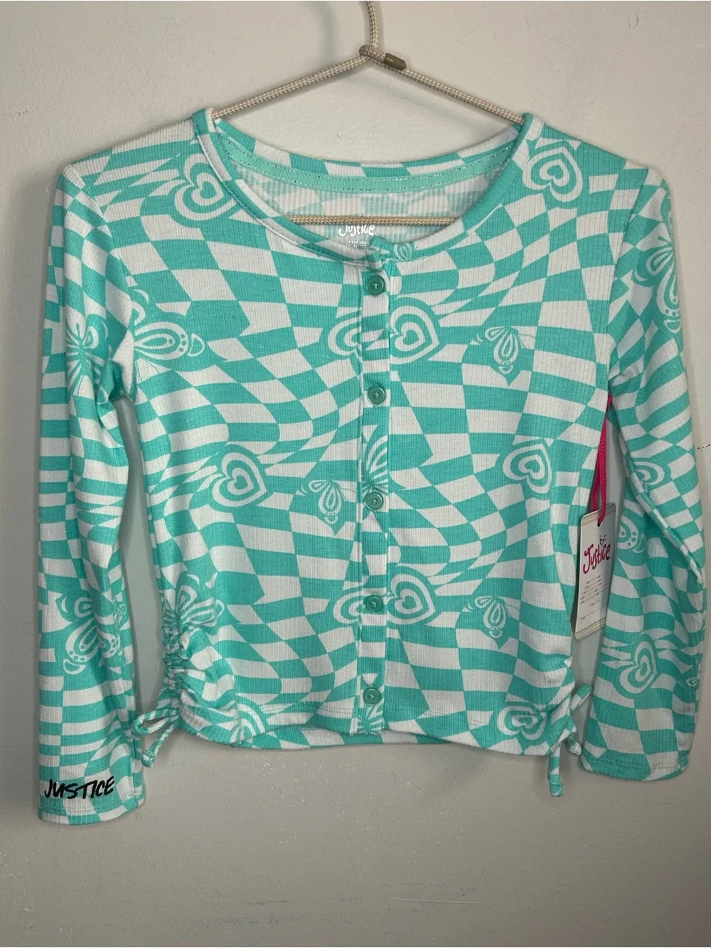 Justice Girls Turquoise Checkerboard Heart Long Sleeve Side-Cinch Button Up Top